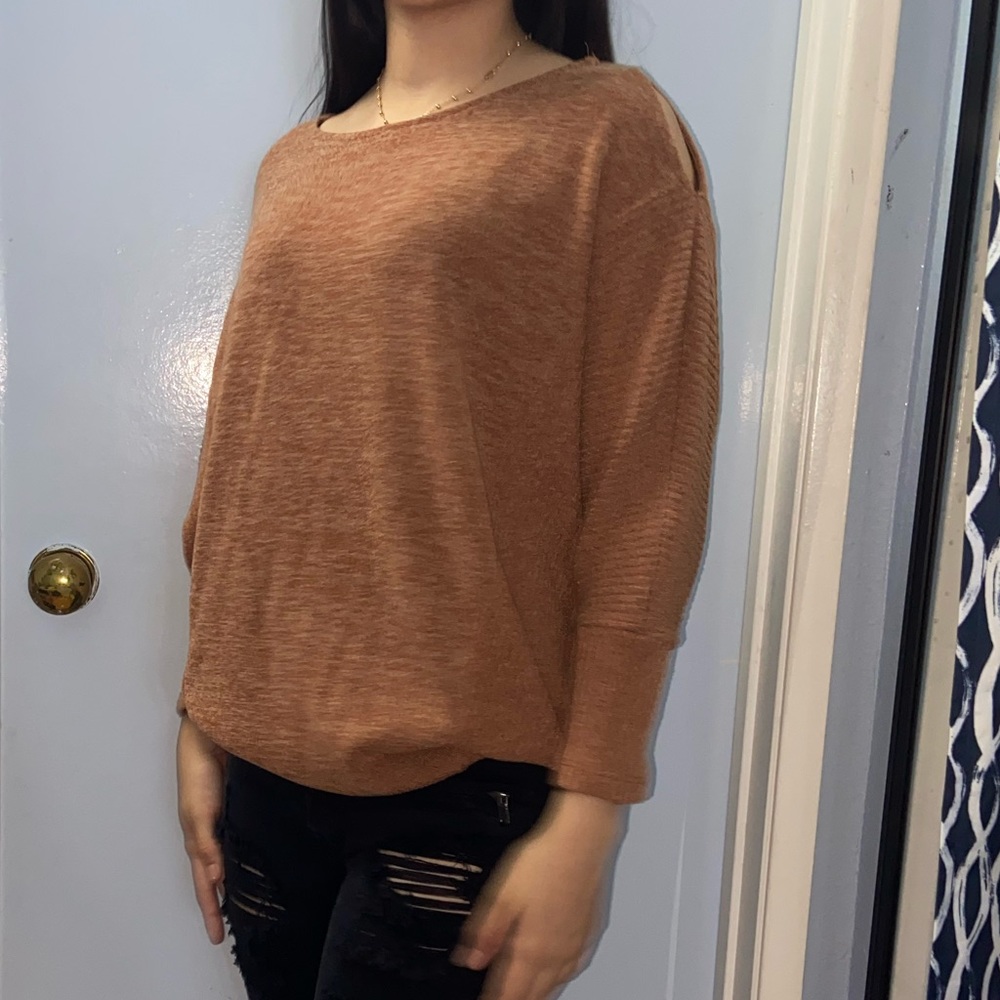 brown sweater with shoulder design